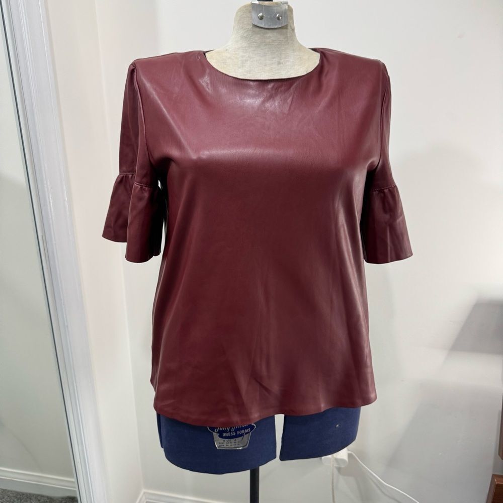 ONLY Faux Leather Short Sleeve Top - Burgundy 38